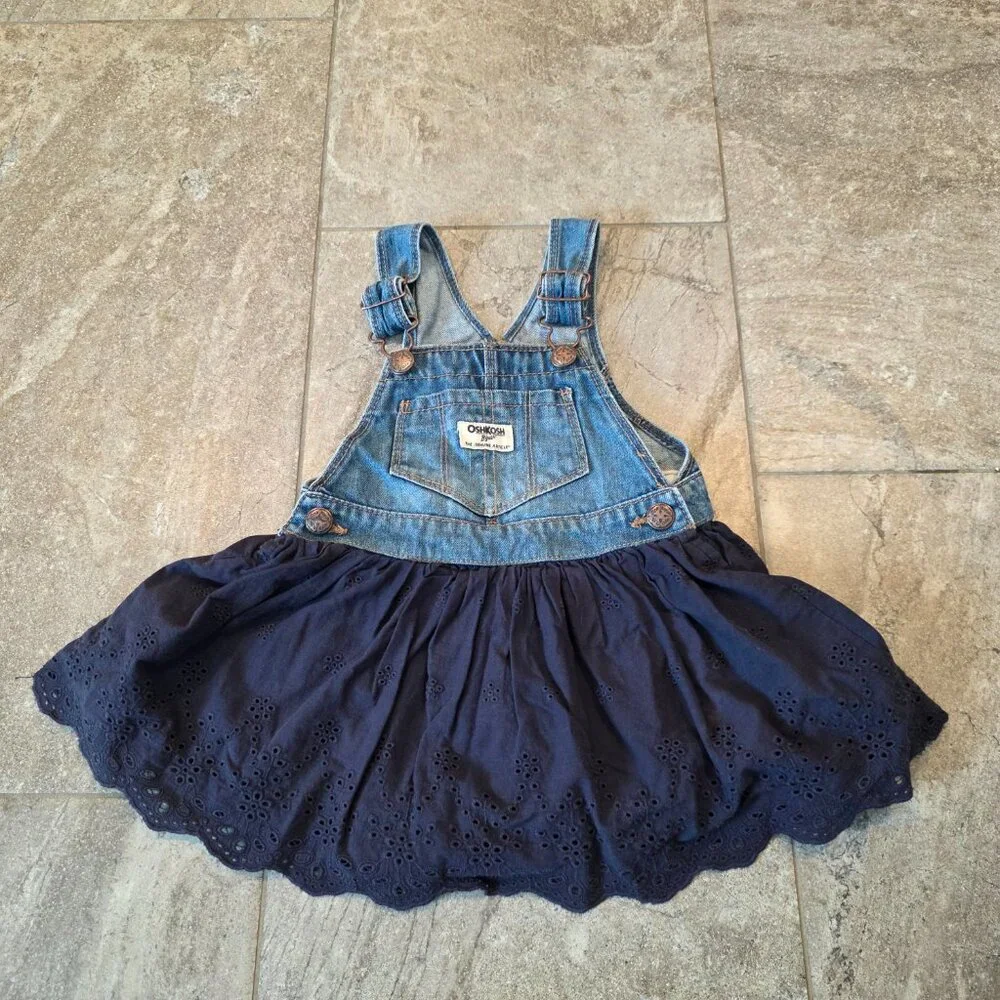 OshKosh Bgosh Girl 2T Eyelet Overall Jumper Dress Skirtall Denim Blue Jean